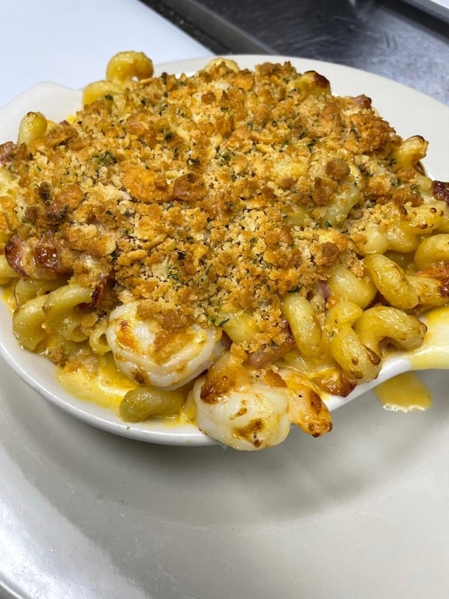Shrimp & Smoked Bacon Mac & Cheese.